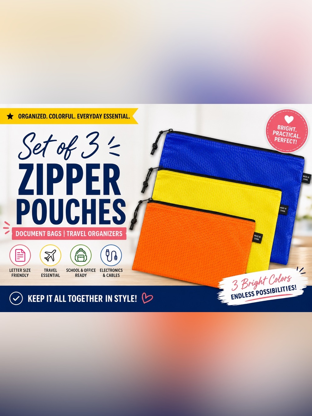 Set of 3 Colorful Zipper Pouches Document Bags Travel Organizers